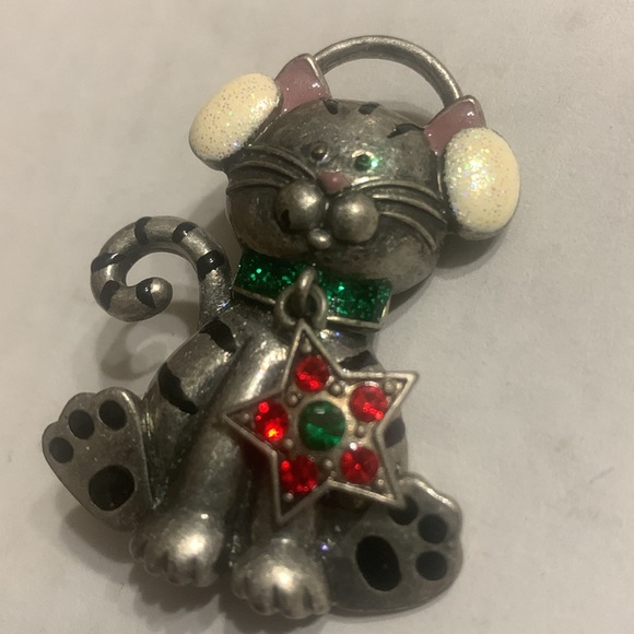 Kenneth Cole Pewter Christmas Kitty w/ rhinestone Star ⭐️ - Picture 3 of 5